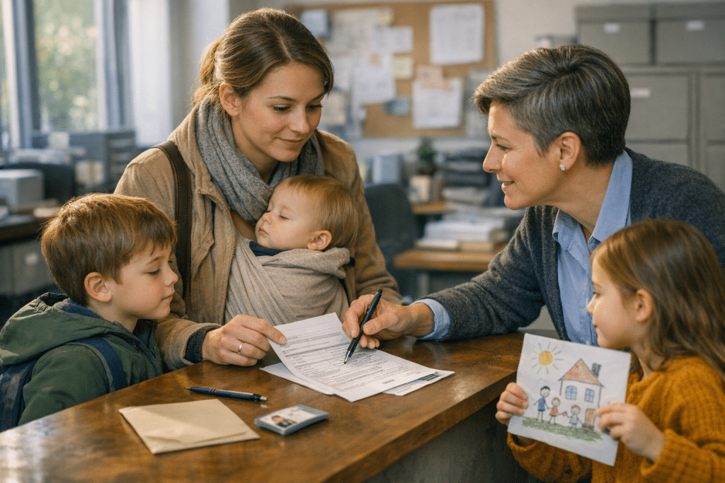 HR-pultnál nyilatkozatot átadó anya három gyerekkel — 3 gyermekes anyák adókedvezménye