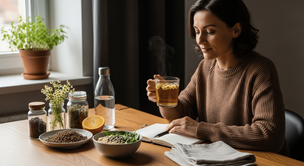 Nő konyhában kamillateával és tápláló reggelivel, szervezet regenerálódása