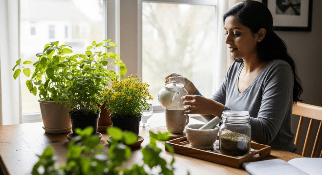 Nő készít gyógynövényteát — depresszió és emésztési problémák gyógynövények