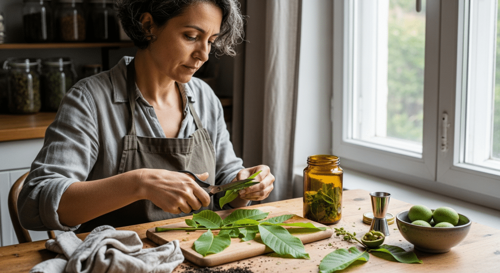 Középkorú gyógynövényasszony dióleveleket csipeget, dió és tinktúra az asztalon.