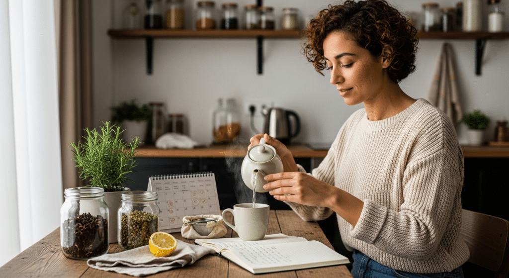 Nő készít gyógynövényes teát a szexuális egészség támogatására.