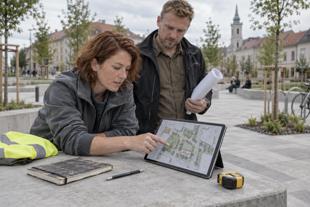 Projektmenedzser tablet mellett felügyel városrehabilitációs projektek helyszínén